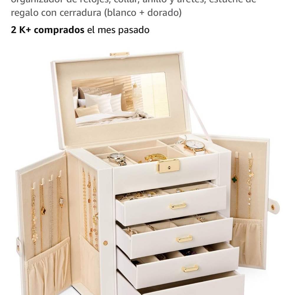 White and Gold Multi-Tiered Jewelry Organizer with Mirror